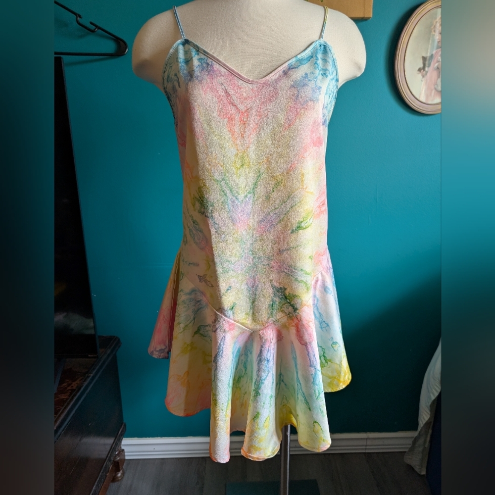 Size Small Unif Tie Dye Satin Mini Dress Basque Waist Slip Dress Mini